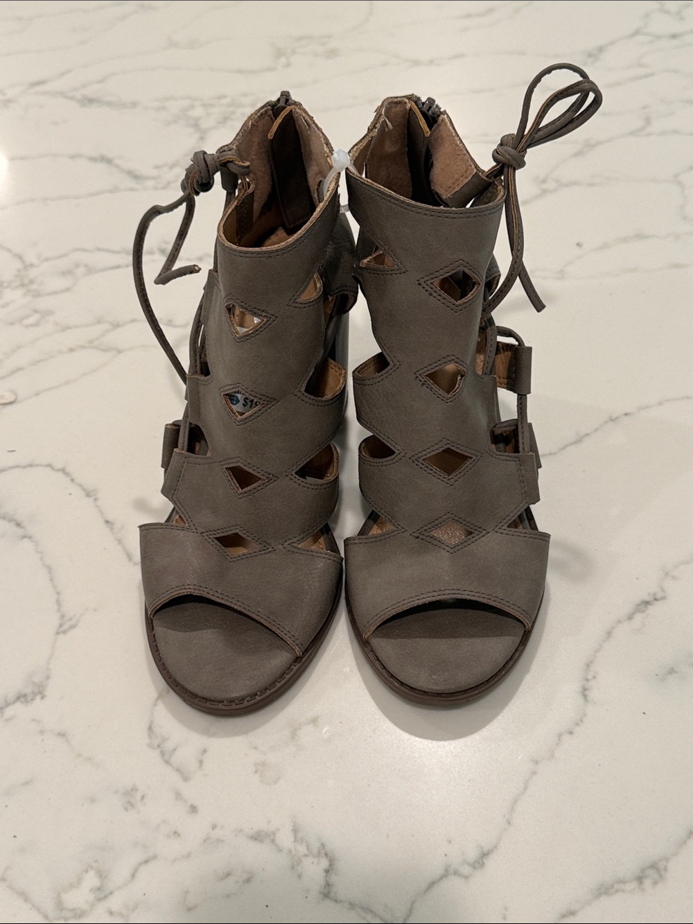 5/$25 Report Cutout Lace-Up Peep-Toe Heels in Taupe